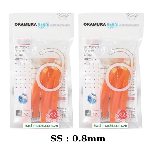 Bàn chải kẽ răng Okamura Asahi hình L 6 cái màu cam (SS) 0.8mm - Hachi Hachi Japan Shop