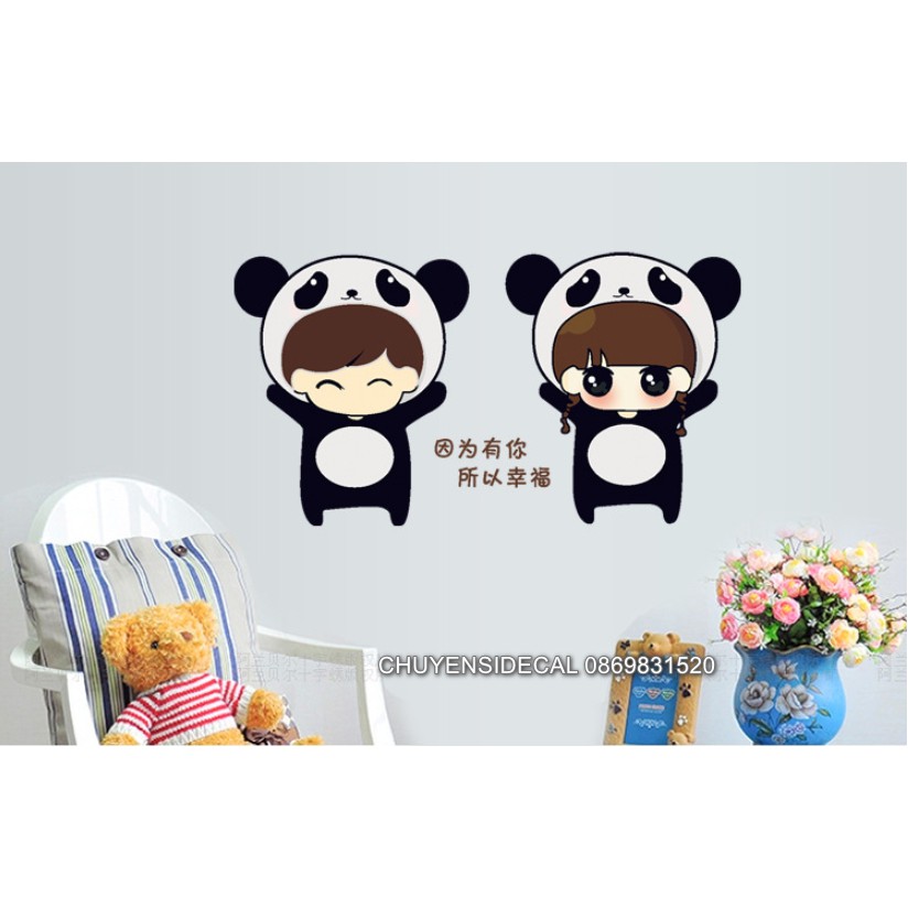 Decal trang trí tường - Cô Cậu Gấu Trúc Đen đáng yêu