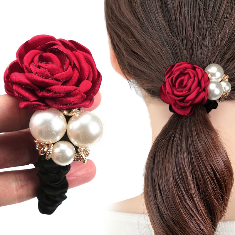 Dây Cột Tóc Đính Hoa Hồng Ngọc Trai Nhân Tạo Thời Trang