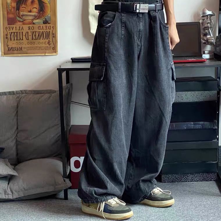 Men jeans Wide Leg denim pant Loose Straight Baggy men's jeans Streetwear Hip Hop casual Skateboard pants S-5XL Neutral trousers Dark high street retro wash loose wide leg jeans men's drooping feeling floor dragging lazy work clothes big pocket daddy pant