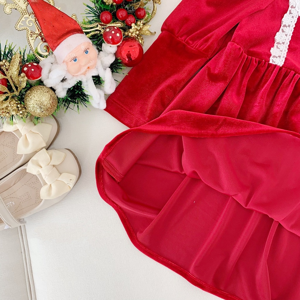 Váy tay dài bé gái babydoll màu đỏ dễ thương MINTSCLOSET Mint's Closet tay phồng 1 2 3 4 tuổi - GV0013