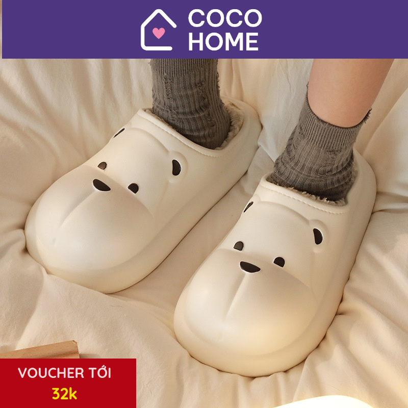 Giày gấu giữ ấm siêu dễ thương chống thấm nước Coco Home - Dép lót lông gấu đi trong nhà cute cho nam, nữ