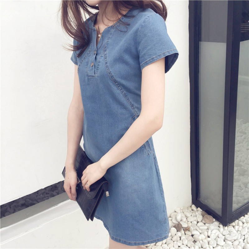 Đầm Denim Phối Nút Cho Phái Nữ