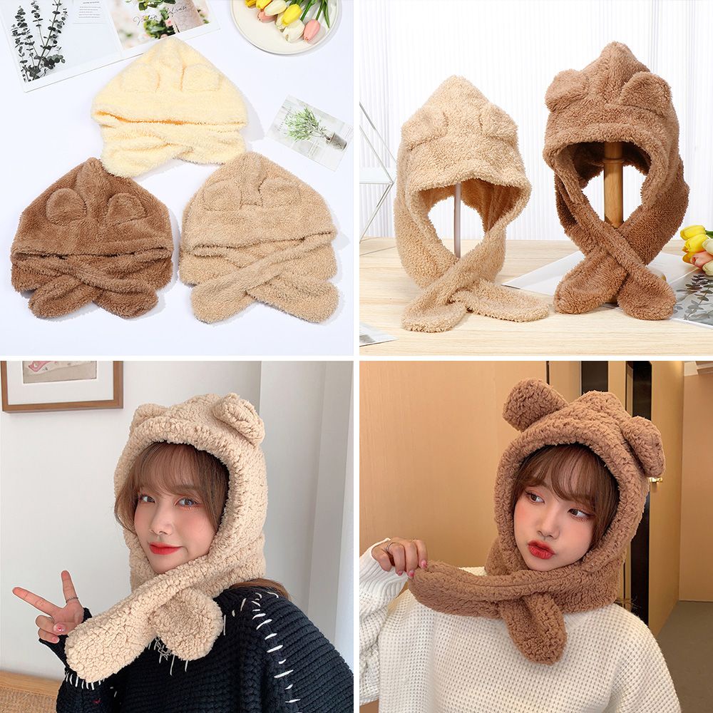 Mũ len kèm khăn choàng cổ giữ ấm tai gấu dễ thương cho nữ