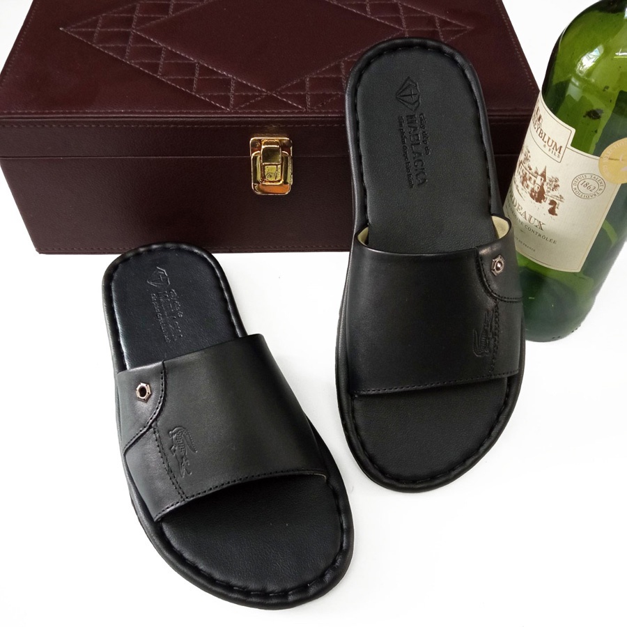 Dép nam quai ngang da bò đẹp thời trang,mang êm, đế khâu chắc chắn D121