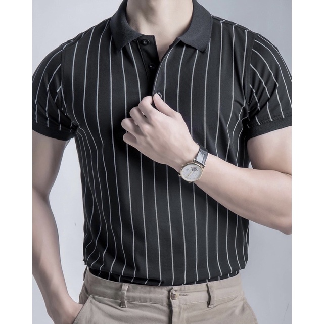 Áo thun polo nam họa tiết in kẻ sọc nhỏ đen, vải cotton mềm mịn, co giãn 4 chiều