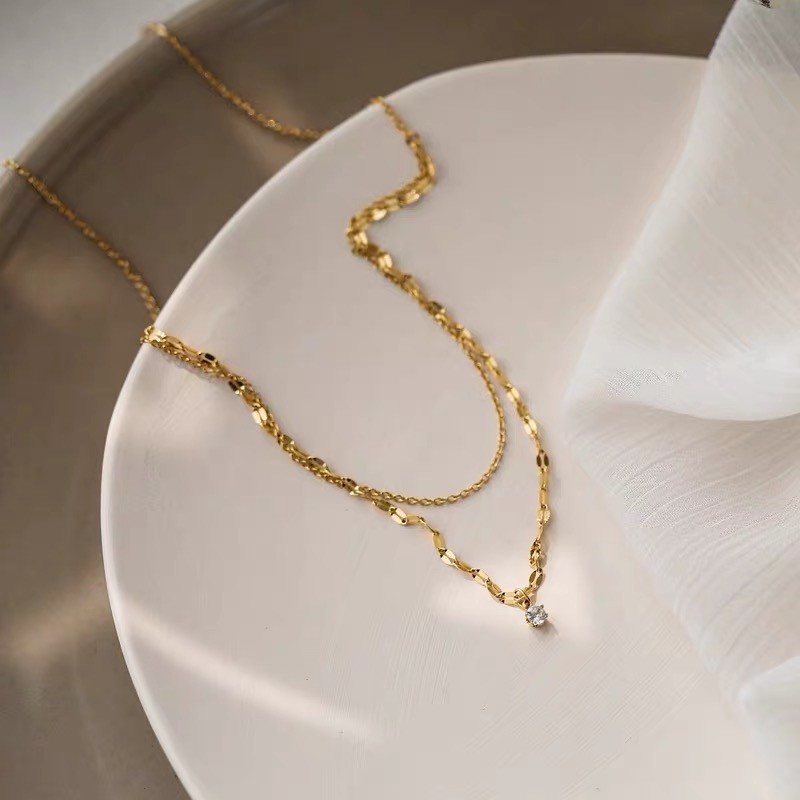 Dây chuyền hai lớp đính đá zircon đơn giản phong cách Nhật Bản nhẹ nhàng sang trọng