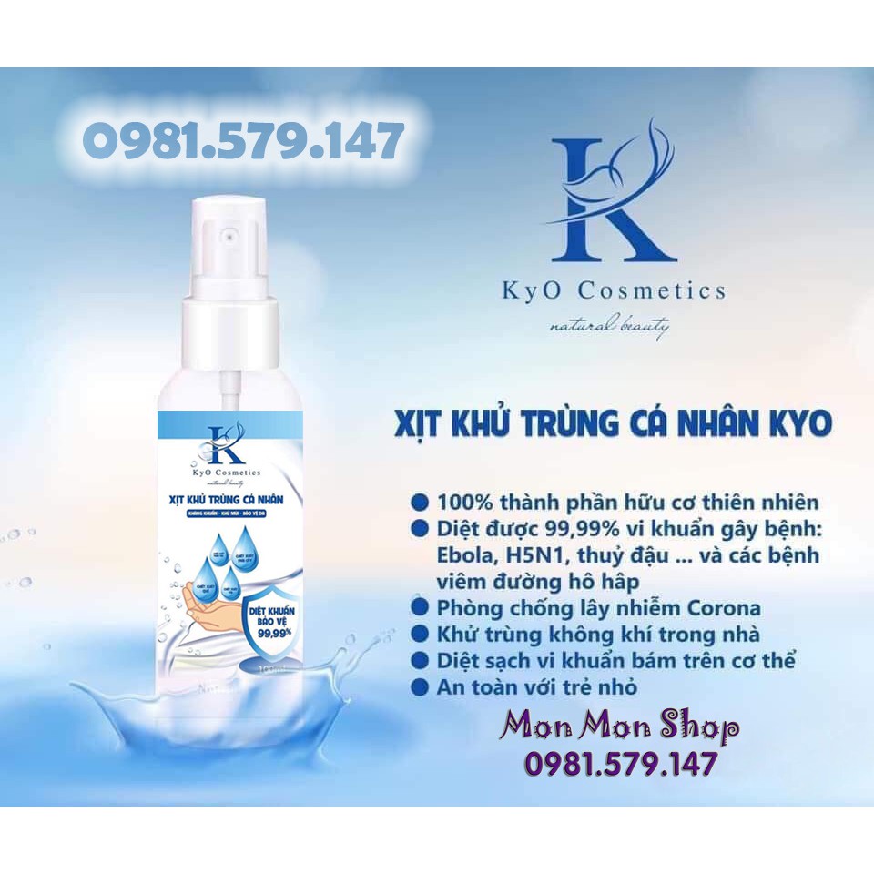 (Chai 100ml) Xịt kháng khuẩn và rửa tay khô Kyo Cosmetics | BigBuy360 - bigbuy360.vn