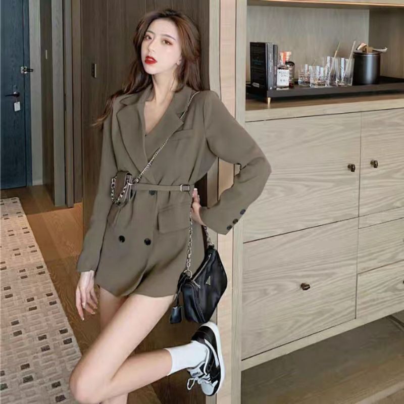 [Sẵn nâu rêu] Áo blazer áo vest dáng dài giấu quần kèm túi thắt lưng sexy tôn dáng