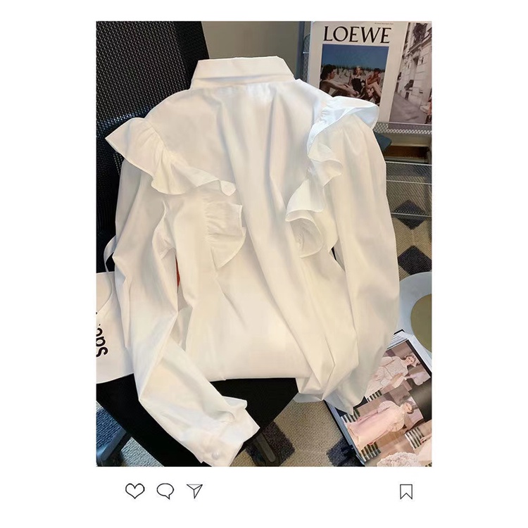 Áo Sơ Mi Trắng Tay Dài Cổ Bèo Dáng Rộng Phong Cách Hàn Quốc Thời Trang Cho Nữ