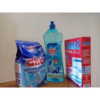 Combo Bột Rửa Chén Bát Alio + Muối 1,2kg +bóng alio 1 lít (nhập khẩu chính hãng) Tặng 3 viên finish nhật