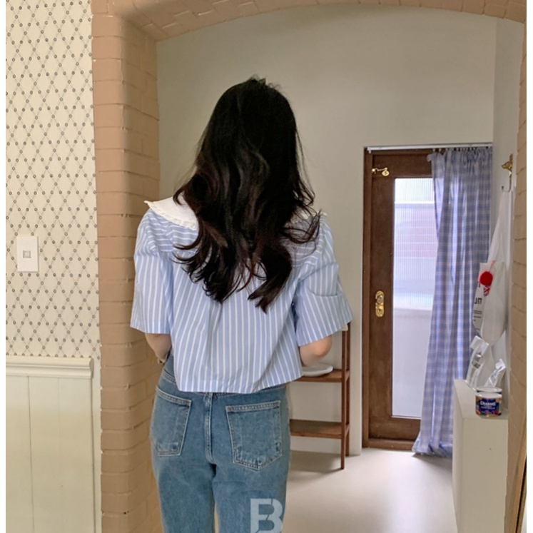 Áo sơ mi SUXI ngắn tay cổ búp bê họa tiết kẻ sọc màu trơn phong cách Hàn Quốc thời trang mùa hè cho nữ