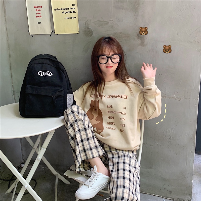 SUXI Áo Sweater Cổ Tròn Tay Dài Dáng Rộng In Hình Gấu Thời Trang