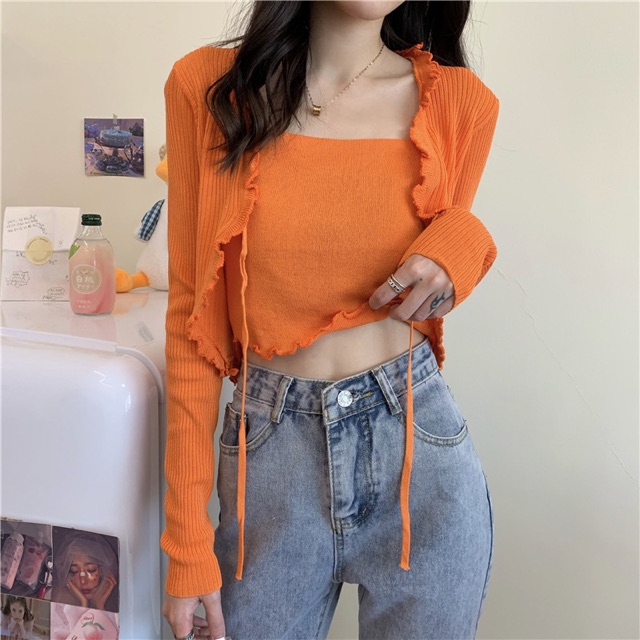 [CÓ SẴN+ẢNH THẬT] Áo croptop nữ len gân thắt nơ tay dài 2021 | BigBuy360 - bigbuy360.vn