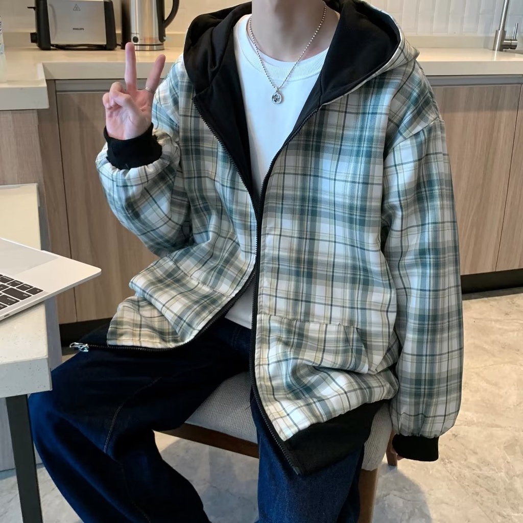 Áo Khoác Tay Dài Có Thể Đảo Ngược Họa Tiết Caro áo khoác hoodie Phong Cách Hàn Quốc áo khoác dây kéo Cổ Điển Thời Trang áo khoác nữ Thường Ngày Dành Áo hoodie Nam Nữ