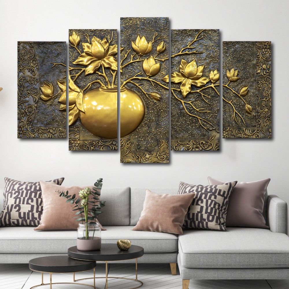 Tranh treo tường canvas lọ hoa phát tài decor trang trí phòng khách, phòng ngủ, cầu thang có khung cao cấp khổ lớn 5 bức