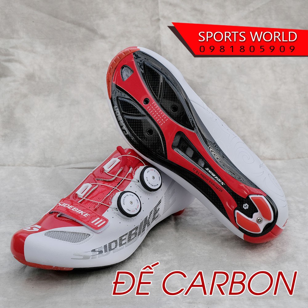 Giày can xe đạp dòng Road, đế full carbon, 2 khóa vặn SD-002 SIDE BIKE màu trắng đỏ