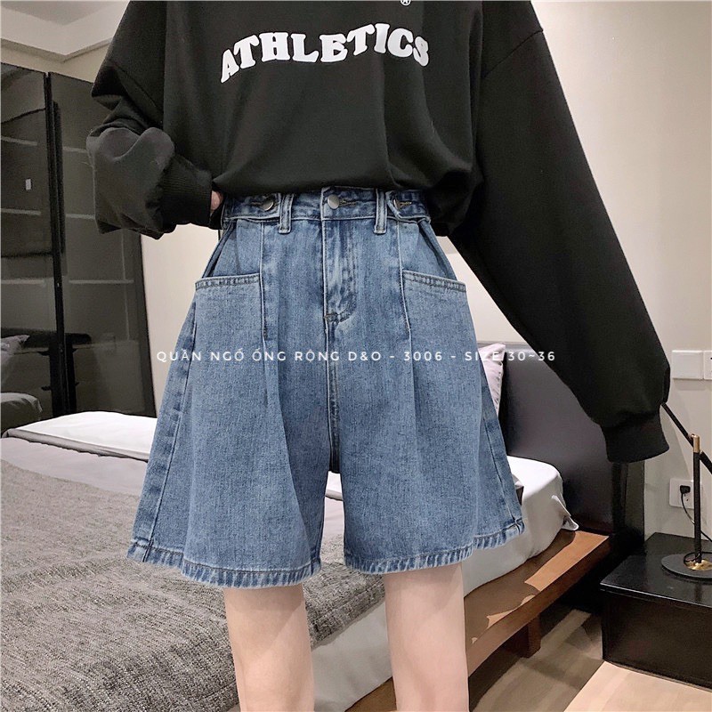 Quần Short Jean Ngố Ống Rộng BIGSIZE, Quần Ngố Lưng Cao, Quần Suông Lửng Không Giãn Xanh đá