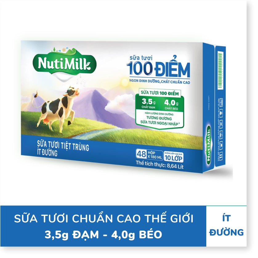 Thùng 48 Hộp NutiMilk Sữa tươi 100 điểm - Sữa tươi tiệt trùng Ít đường 180ml TU.STID180CRN - Thương Hiệu NUTIFOOD - CIRI