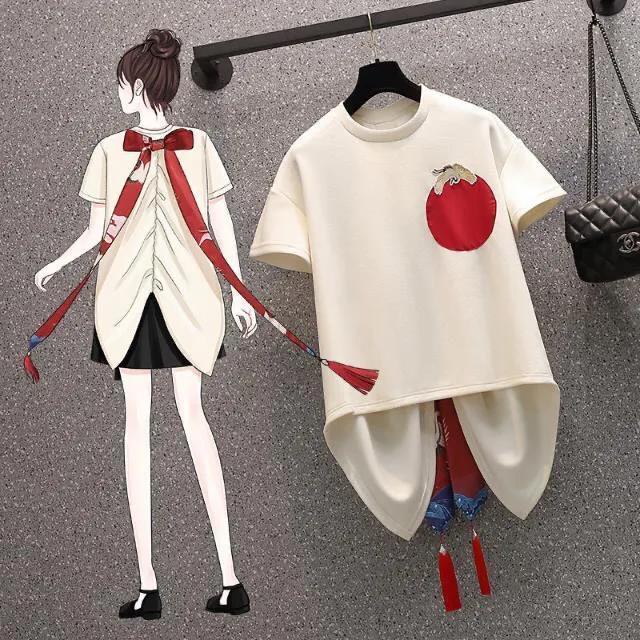 Áo thun tay ngắn dáng rộng đính nơ phong cách Trung Hoa độc đáo cổ điển