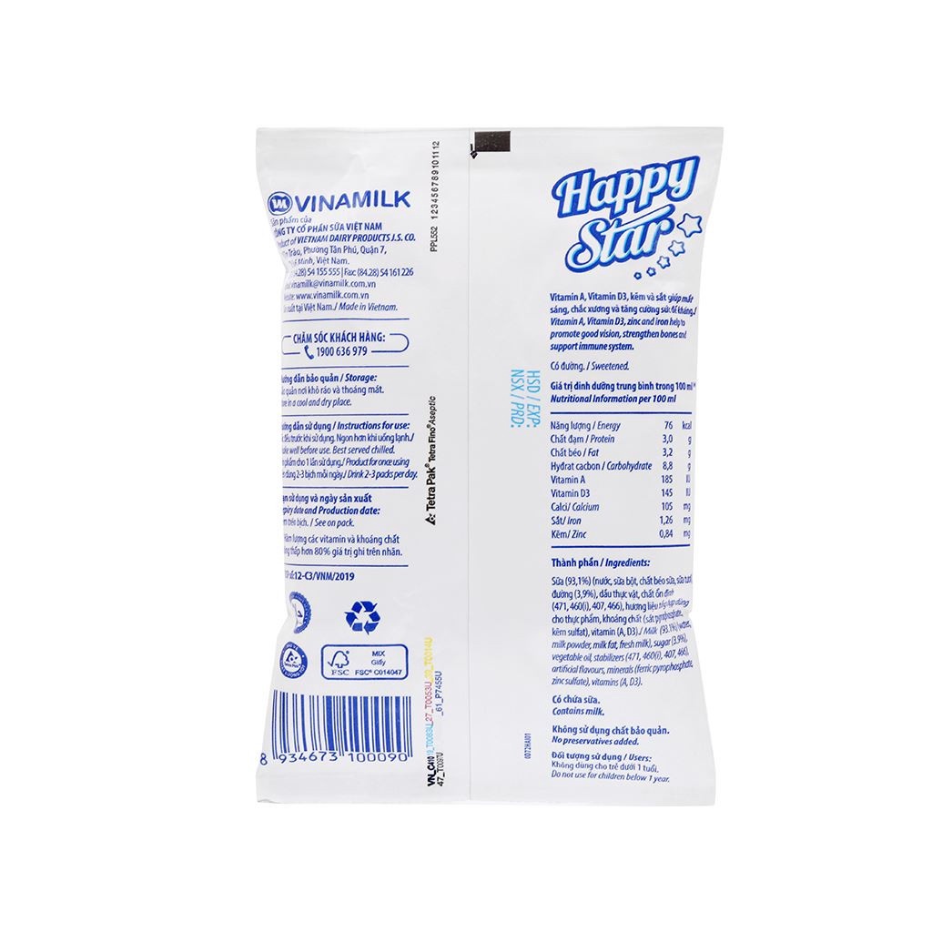 [HSD T7-2022] Thùng 48 Bịch Sữa Dinh Dưỡng Vinamilk Happy Star Có Đường 220ml