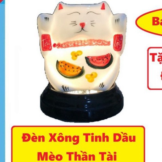 Đèn Xông Tinh Dầu Cỡ Lớn Hình Mèo Thần Tài, Gốm Thấu Quang Bát Tràng kĩhs thước 15x13cm
