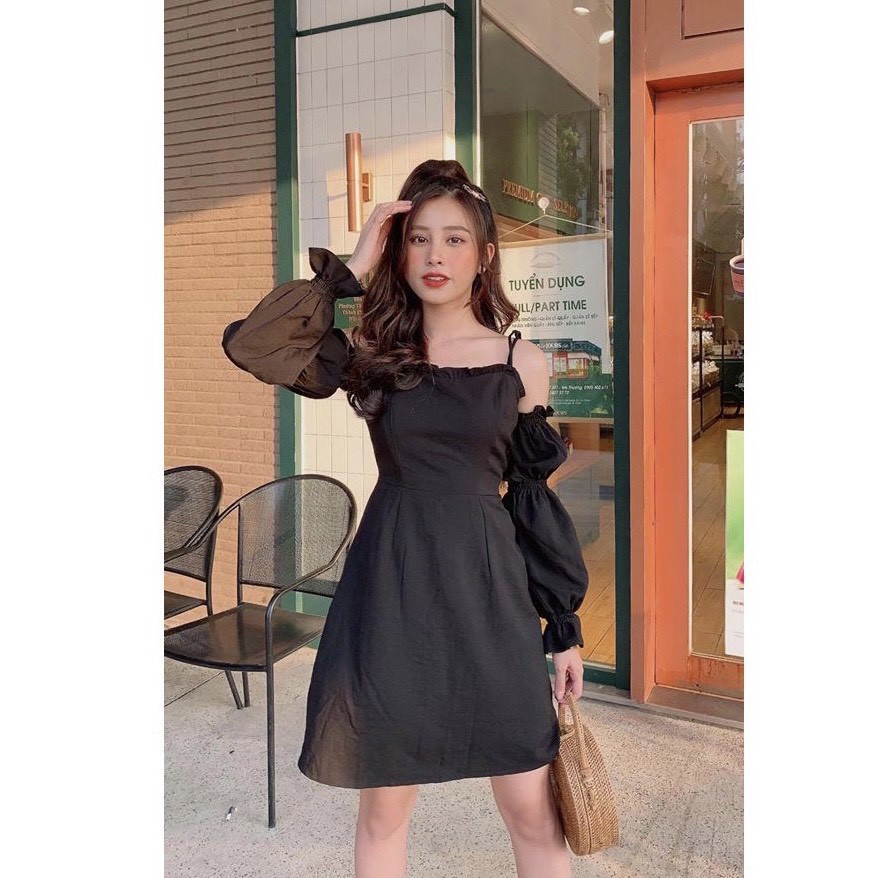 VÁY ĐẦM NỮ Trắng Đen HAI DÂY TAY PHỒNG BUỘC NƠ TRỄ VAI DÀI TAY - ĐẦM TRẮNG TRỄ VAI DẠO PHỐ 2 dây ulzzang