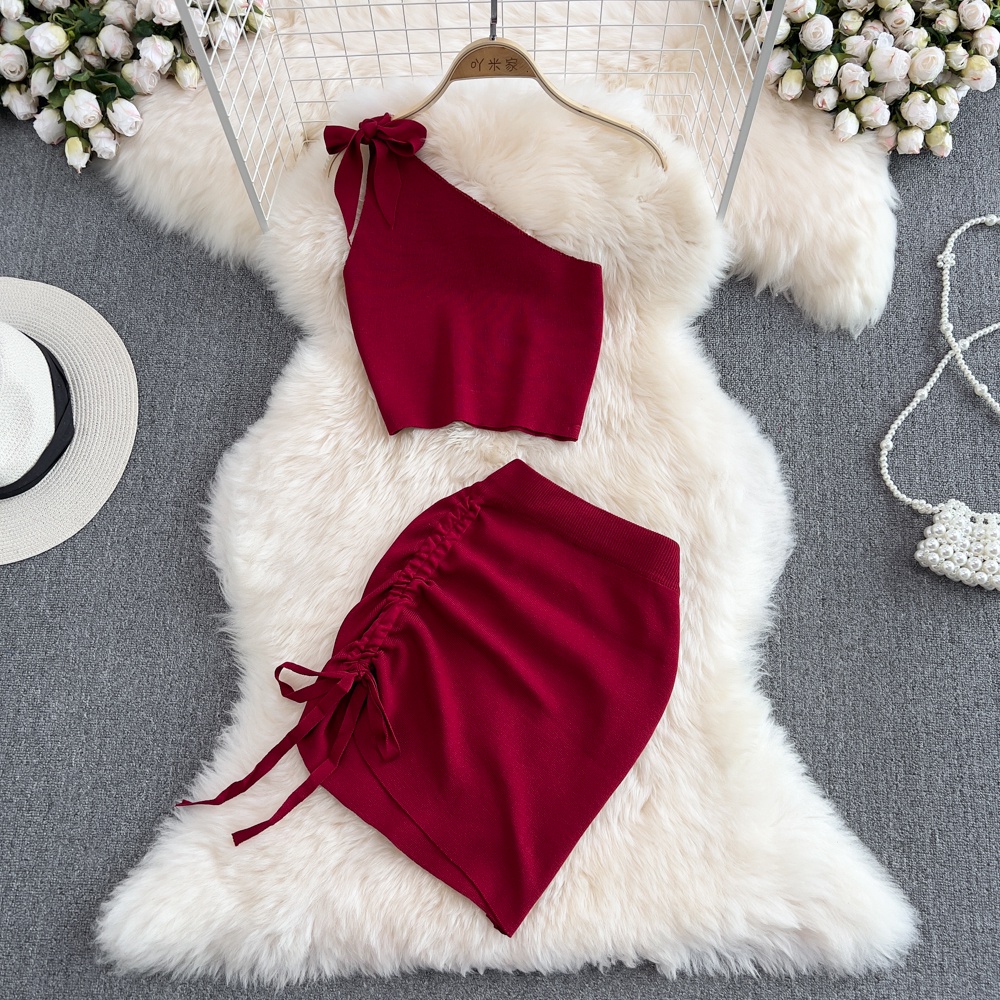 🌸Hàng Order🌸(Đủ Màu)Sét Váy Đầm Len Tăm Áo Lệch Vai Thắt Nơ Phối Chân Váy Bút Chì Rút Dây Sexy Nữ Tính🌸Hàng Quảng Châu
