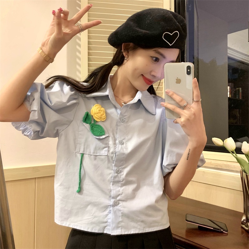 Áo Sơ Mi Tay Ngắn Phồng Họa Tiết Hoa Thời Trang Pháp Hàng Mới Cho Nữ