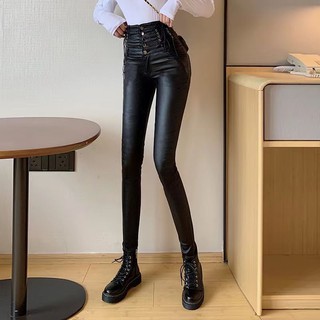 Quần da 5 cúc cạp cao đan dây