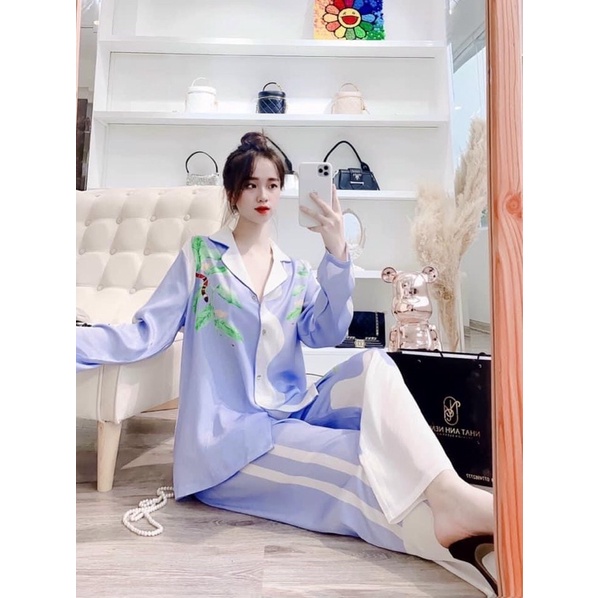 BỘ PIJAMA LỤA QC CAO CẤP TRANH XANH