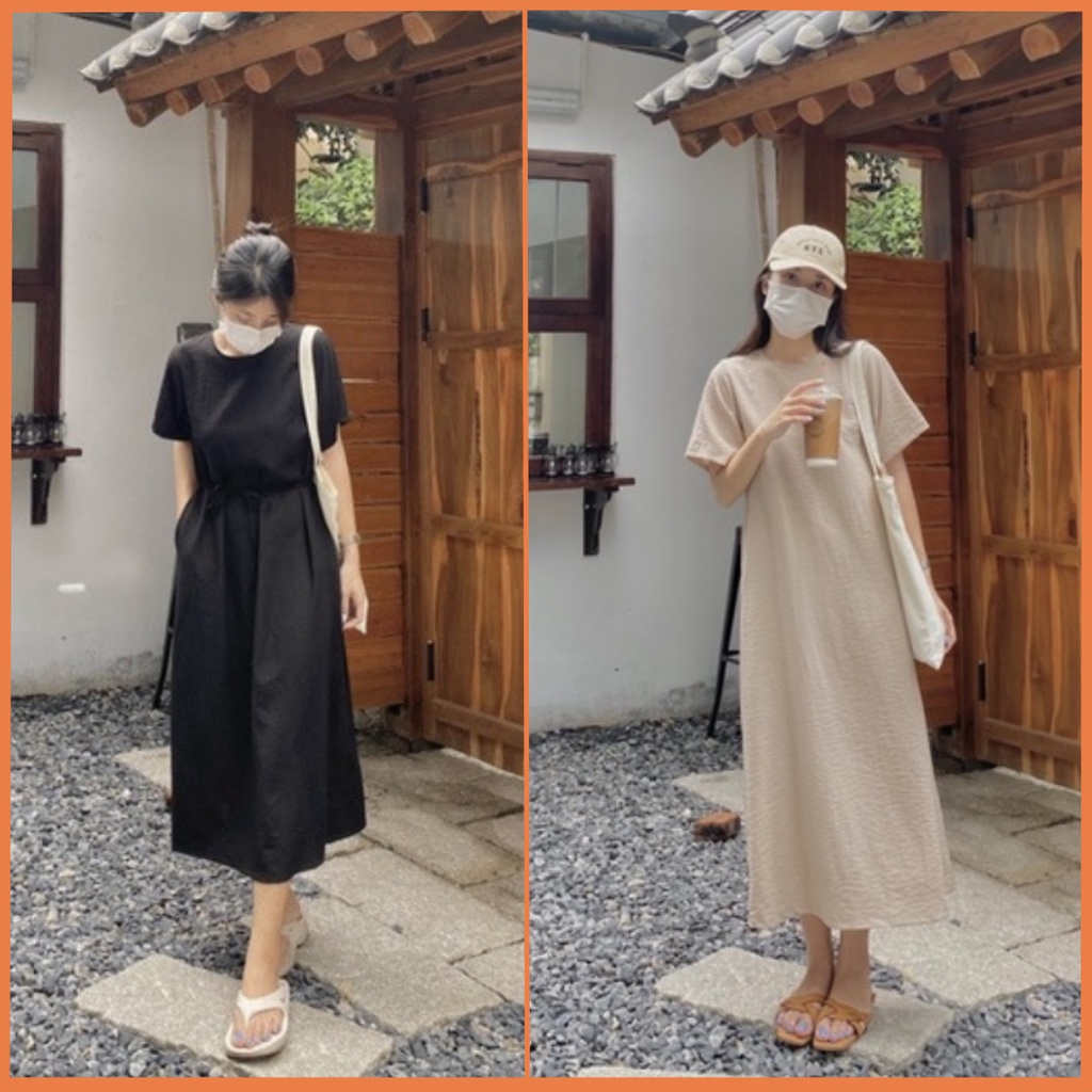 Váy nữ dáng suông dài vintage Linly Store thắt eo form rộng V-TS