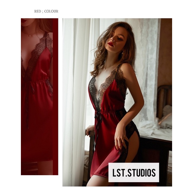 QR118 - Váy Đầm Ngủ Lụa Satin Phối Ren Xẻ Tà Gợi Cảm - Đầm Ngủ Sexy