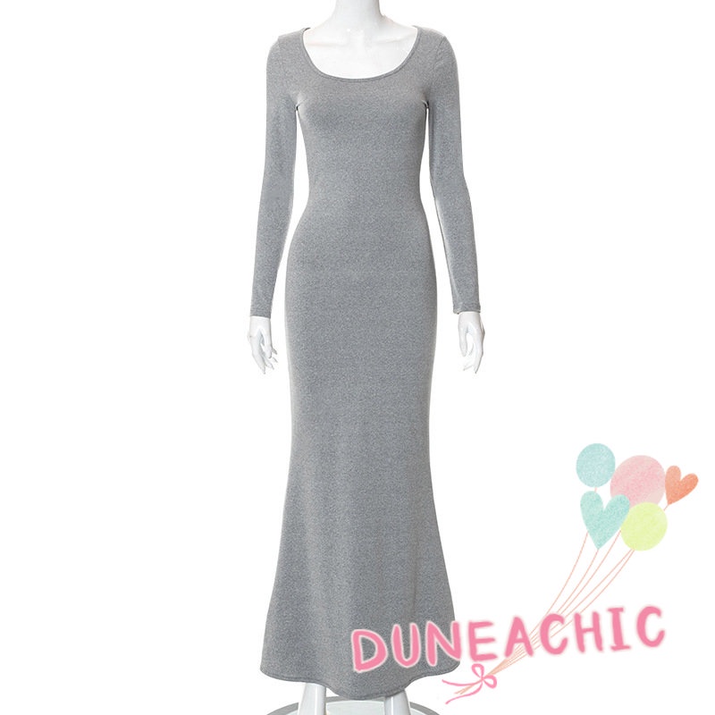 DUNEA Đầm maxi tay dài cổ vuông ôm dáng quyến rũ thời trang cho nữ