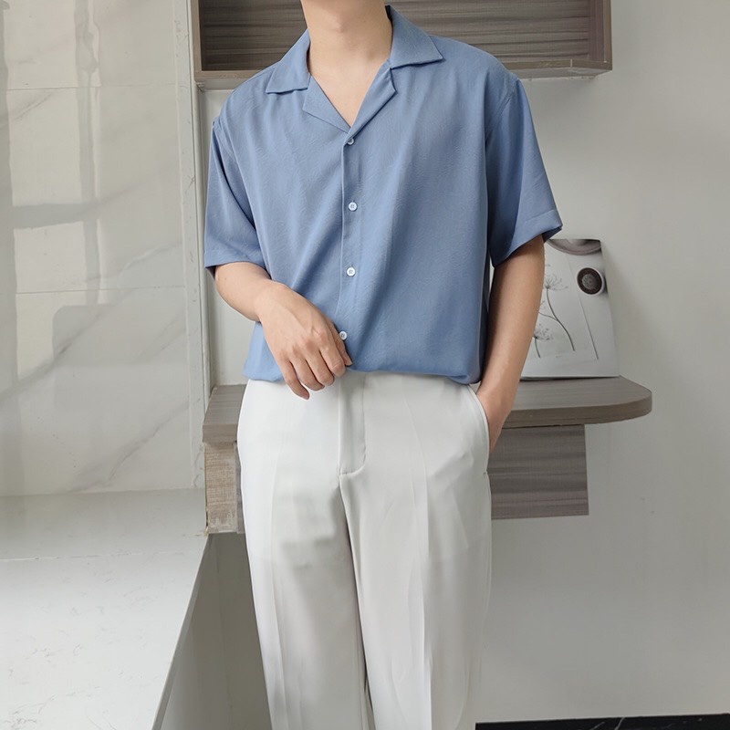 Áo sơ mi tay ngắn nam nữ form rộng, sơ mi cổ vest unisex Hàn Quốc, chất vải lụa dãn