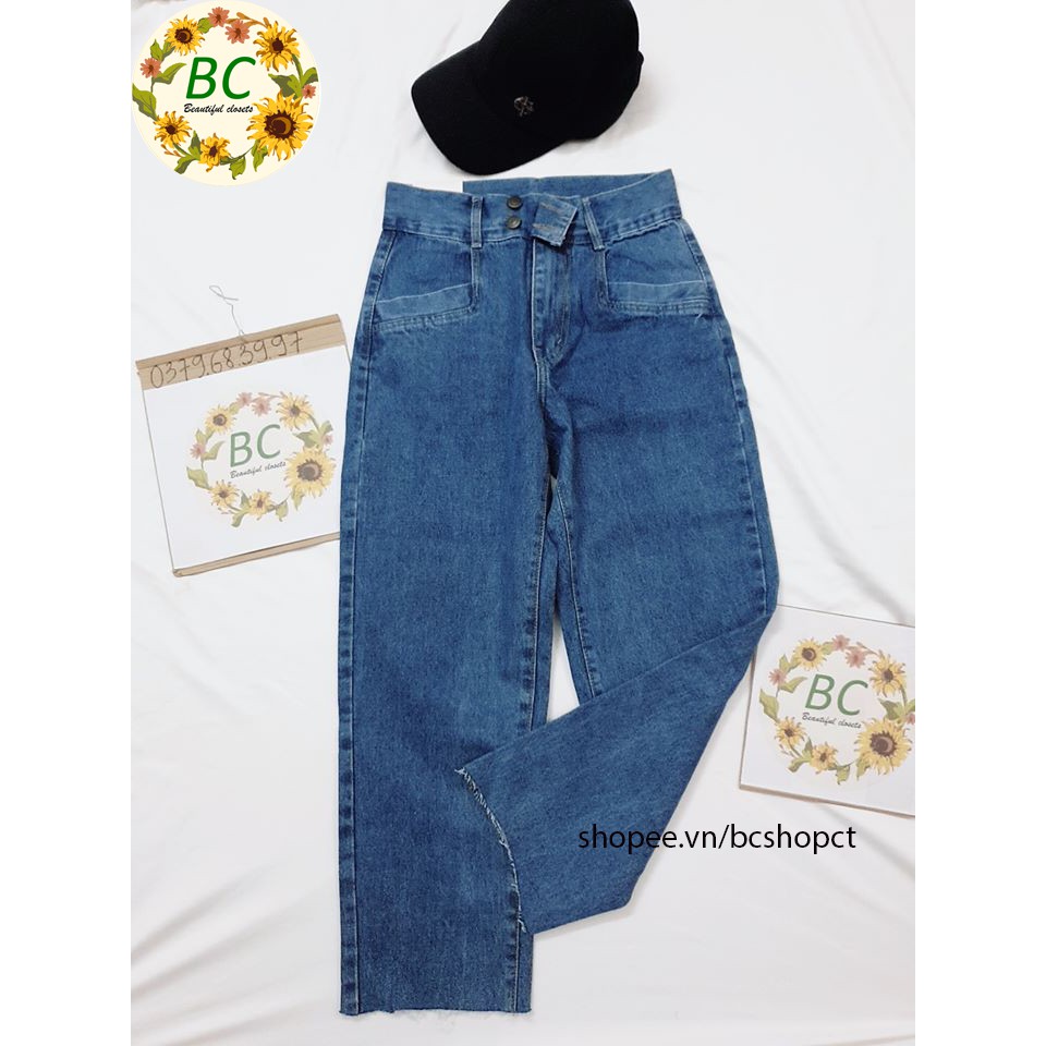 Quần baggy ống suông lưng cao 2 nút màu xanh trơn jean tami