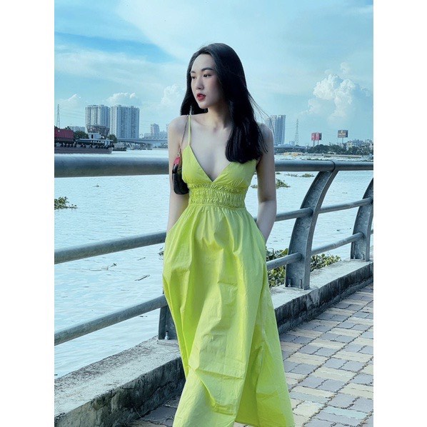 Đầm maxi hai dây nhún eo dáng xòe có mút ngực đi chơi đi biển siêu xinh