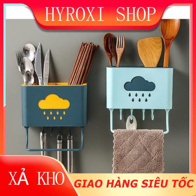 Kệ đựng đũa đẹp dán tường hình đám mây ống đũa dễ thương, cute có 4 móc và khay treo khăn F435 HYROXISHOP