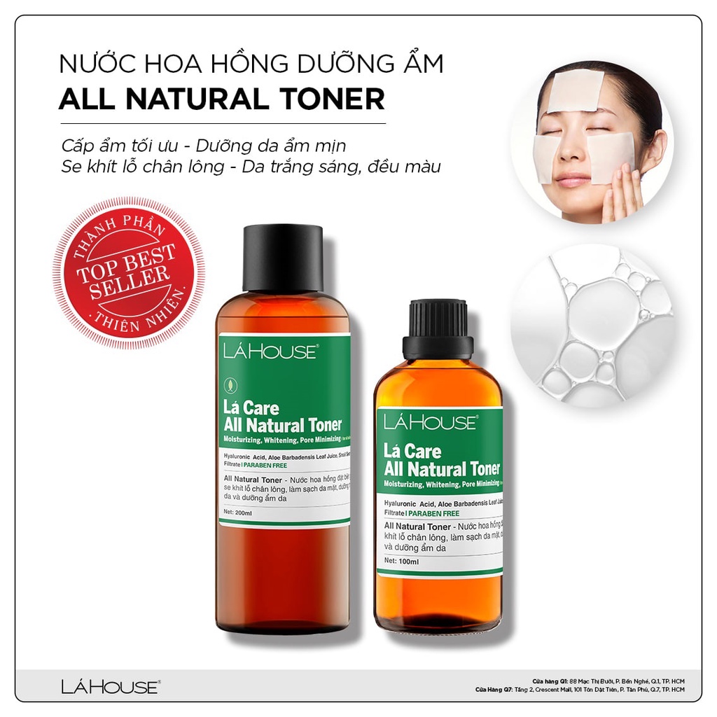 Nước hoa hồng ,giúp giảm nhờn trên da Lá House Lá Care All Natural Toner 200ml/100ml