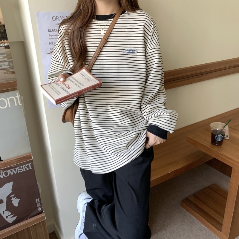 Áo thun tay dài họa tiết kẻ sọc ngang phong cách Hàn Quốc cổ điển cá tính | BigBuy360 - bigbuy360.vn