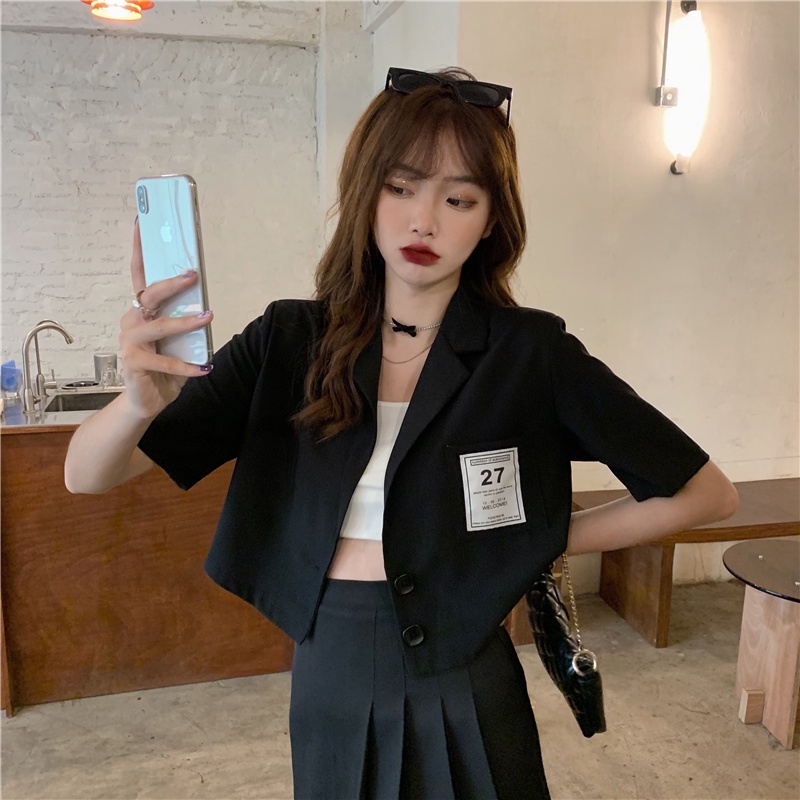 Áo Khoác Blazer Ngắn Tay Màu Đen Trơn Kèm Chân Váy Ngắn Thời Trang Cho Nữ