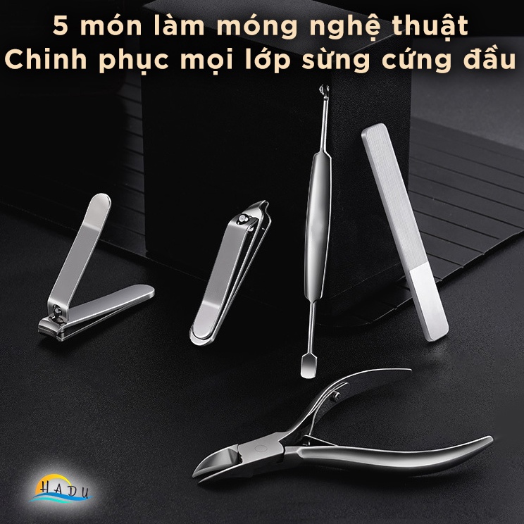 Bộ cắt móng tay cao cấp inox 420 kháng khuẩn, bấm móng tay siêu sắc bền bỉ bao da PU da cá sấu sang trọng HADU
