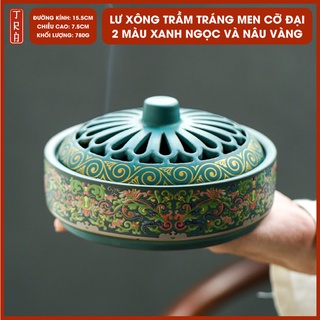 Lư xông trầm sứ tráng men họa tiết tinh tinh tế cỡ đại, 2 màu xanh ngọc và vàng nâu