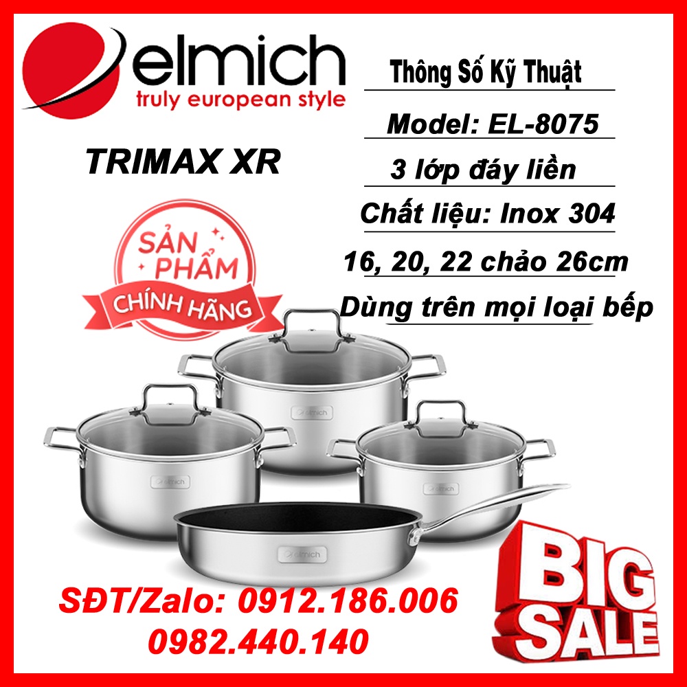 Bộ nồi inox liền khối Elmich Trimax XR EL-8075 size 16, 20, 22 chảo 26cm