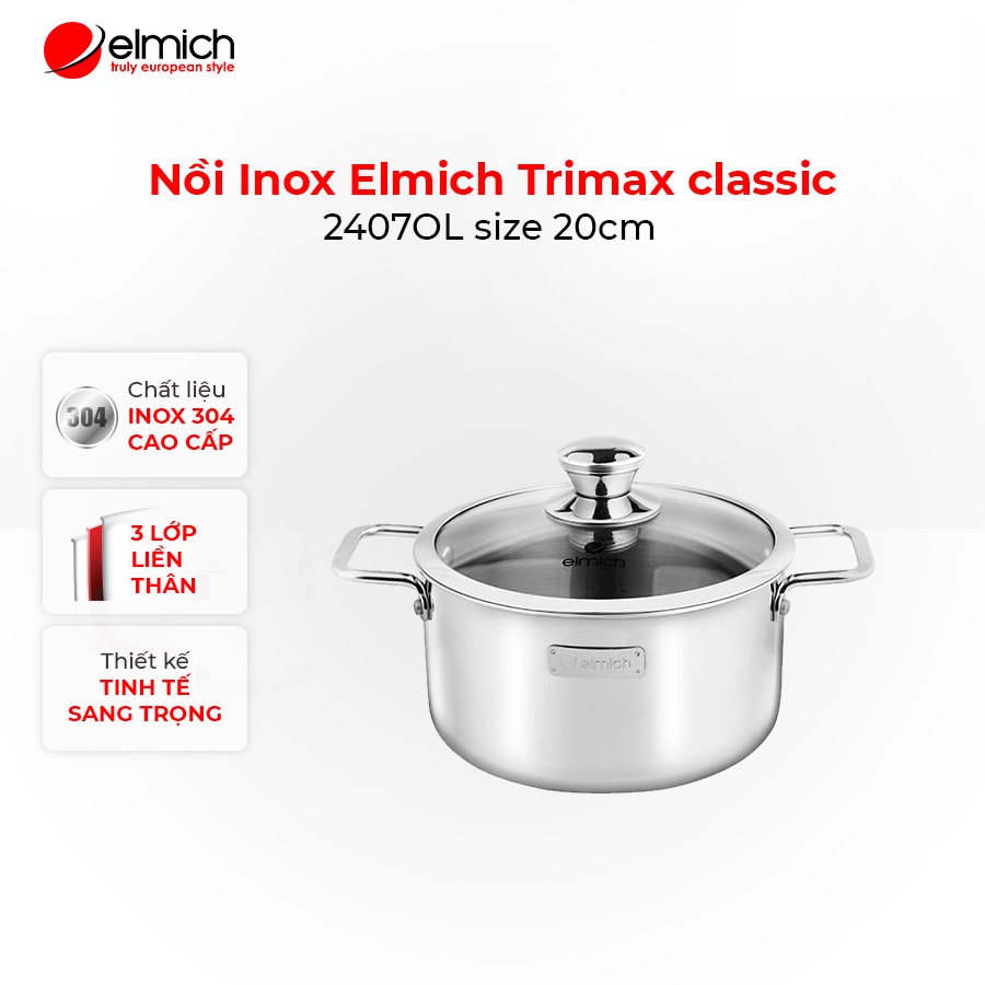 [Mã LIFECPMALL giảm 12% đơn 250K] Nồi Inox 3 lớp đáy liền Elmich Trimax classic 2407OL size 20cm