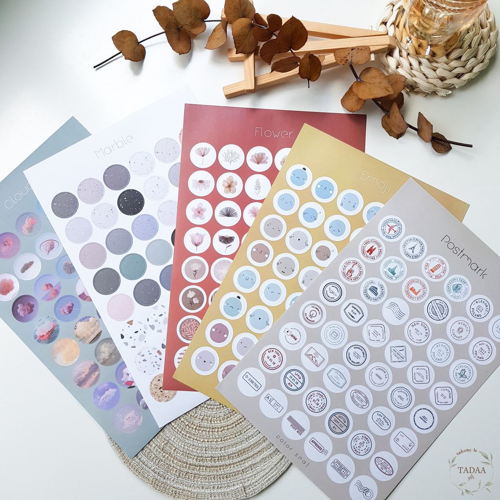 Set 5 sticker hình tròn miếng dán chấm round sticker nhãn dán tròn hoa bầu trời galaxy emoji trang trí sổ tay, thiệp DIY