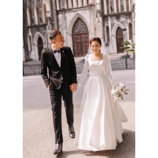 (Ảnh thật)váy cưới đi bàn, chụp ảnh cổ vuông tay dài kín đáo sáng trọng, đầm chụp ảnh cưới