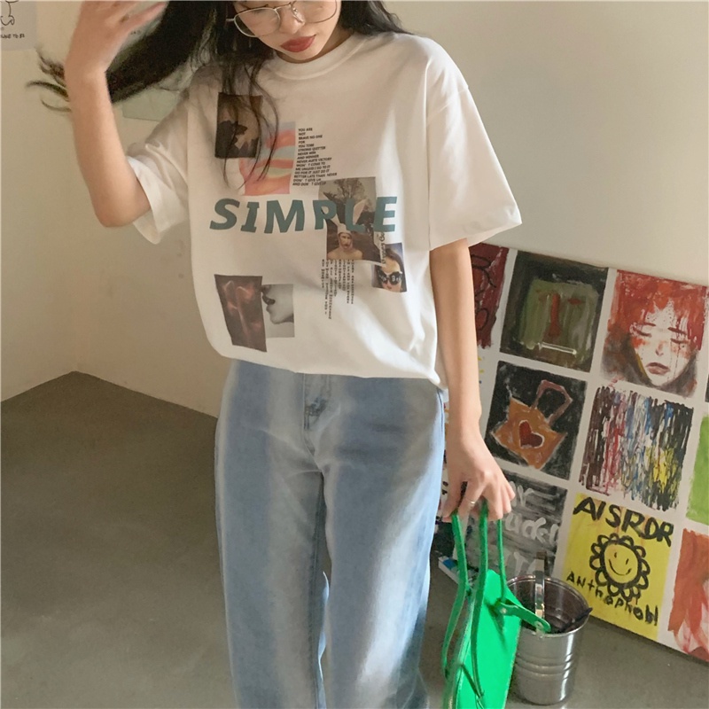 Áo Thun Tay Ngắn Dáng Rộng In Hình Thời Trang Kiểu retro Mỹ Cho Nữ