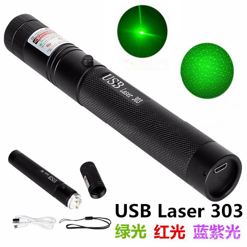 Đèn pin Laser USB 301 303 màu xanh lá/đỏ/xanh dương/tím