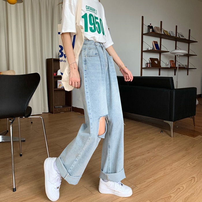 Quần Jean Ống Rộng Lưng Cao Thời Trang Cá Tính